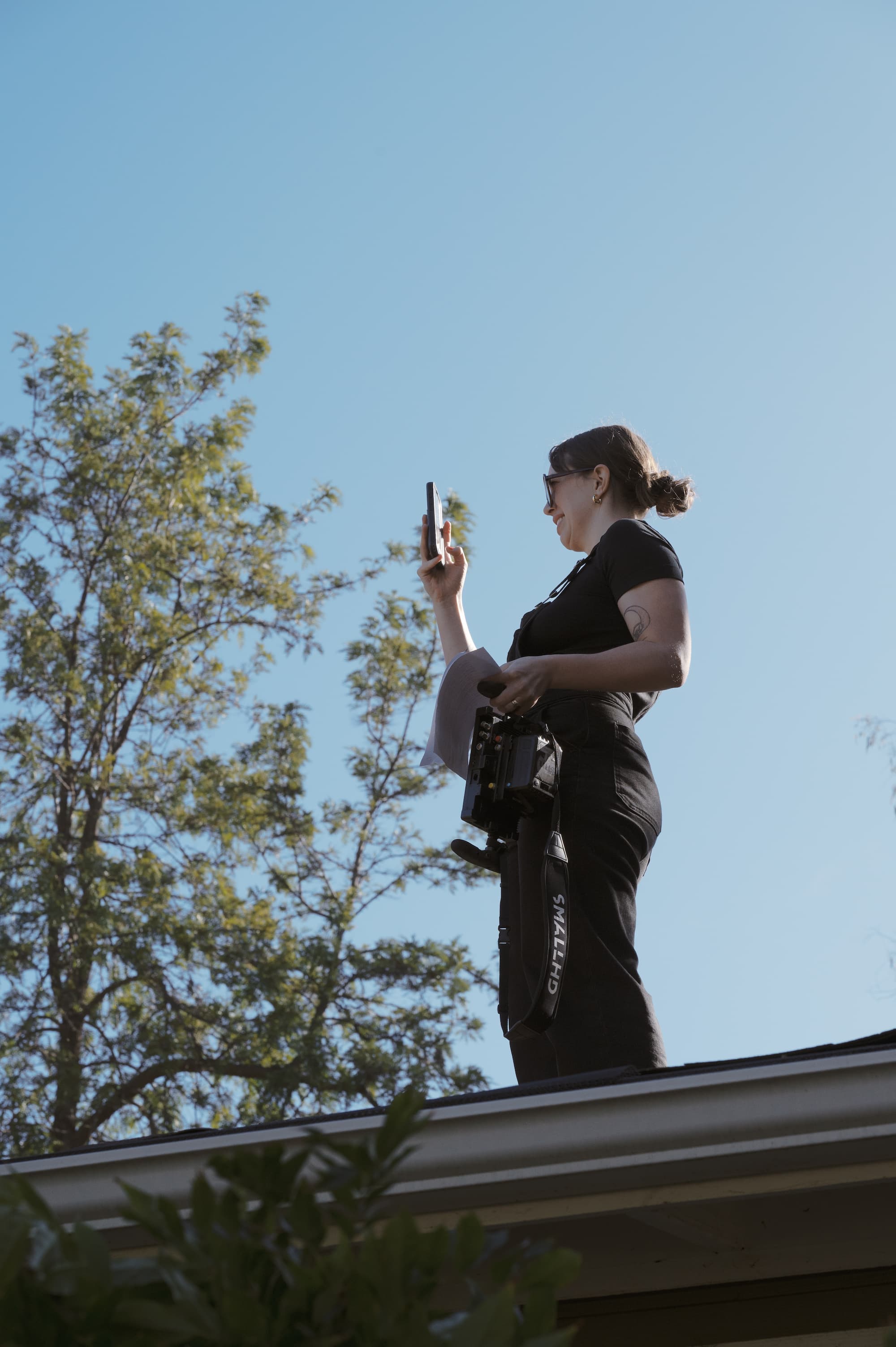 Silhouette on roof against bright sky